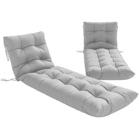 Ensemble de 2 coussins de chaise longue 180x55 cm, coussins épais pour chaise de jardin avec protection UPF30+ et 4 sangles gris clair.