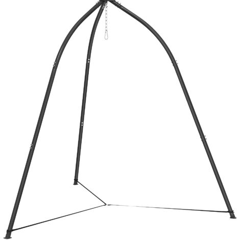 Support triangulaire pour chaise suspendue avec chaîne réglable, base stable pour terrasse ou jardin, capacité de 150 kg, couleur noire.