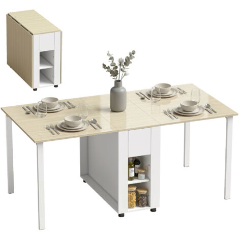 Table de salle à manger pliante pour 6 personnes, de 39 à 168 cm, table de cuisine avec 2 tiroirs et 4 étagères ouvertes, blanche. (1/5)