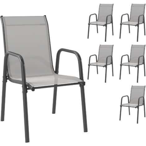 Ensemble de 6 chaises de jardin empilables avec accoudoirs, assise et dossier en maille, structure en métal gris. (1/5)