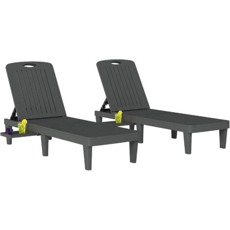 Ensemble de 2 chaises longues de jardin en plastique PP avec table d'appoint, inclinable en 5 positions, grises (1/5)