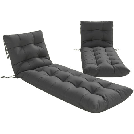 Ensemble de 2 coussins de chaise longue 180x55 cm, coussins épais pour chaise de jardin avec protection UPF30+ et 4 sangles gris foncé.