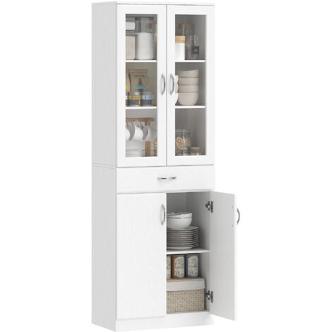 Buffet de cuisine avec étagère réglable, tiroir, 2 placards, armoire haute avec porte vitrée, 60 x 35 x 180 cm, blanc.