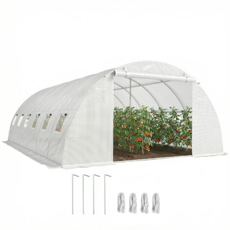 Serre tunnel en PE blanc avec protection UV, 2 barres de support, 2 portes enroulables et fenêtres en filet. (1/5)