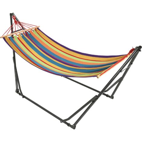 Hamac autoportant avec support pliable, chaise longue en coton et structure en acier, multicolore. (1/5)