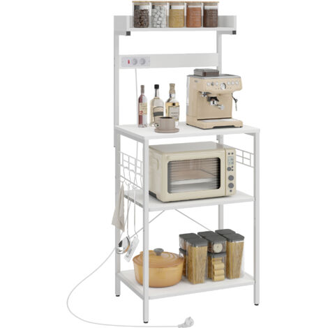 Étagère de cuisine avec 2 prises électriques, étagère pour micro-ondes, crochets réglables, 60x42x137 cm, blanche.