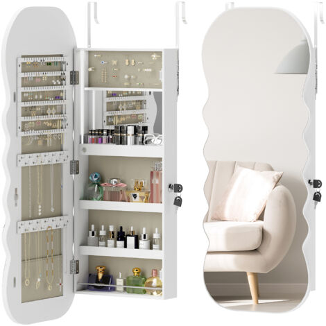 Miroir à bijoux avec éclairage LED, pour mur ou porte, avec serrure, miroir pleine longueur, blanc.