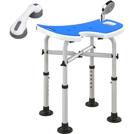 Tabouret de douche réglable en hauteur (39-51,5 cm), accoudoirs et patins à ventouses, bleu foncé (1/5)