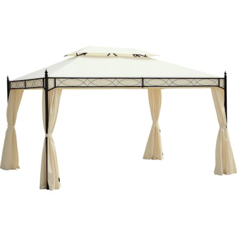 Gazebo de jardin en acier 3x4m avec double toit et 4 rideaux latéraux, couleur crème. (1/5)