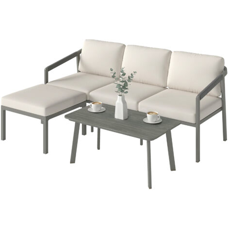 Ensemble de jardin extérieur 3 pièces comprenant un canapé 3 places, un pouf, une table basse et des coussins marron et beige. (1/5)