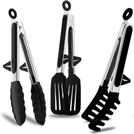 Pinces de cuisine en acier inoxydable, 23 cm, avec embouts en silicone, pour barbecue, pâtes, salades et buffets, noires. (1/5)