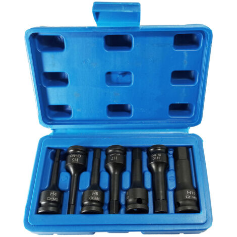 Jeu de 7 douilles à impact 3/8" en acier chrome-molybdène, embouts hexagonaux Allen métriques, jeu de douilles à impact cannelées (4 mm - 12 mm)
