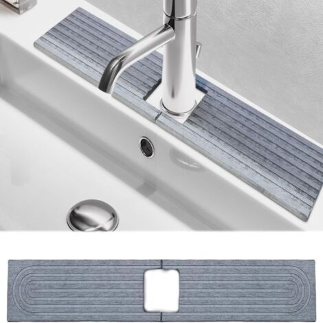 Tapis de Robinet en Pierre – Pour Évier de Cuisine ou Salle de Bain – Anti‑Humidité – Trou Carré 6,5 cm – 45x10 cm – Gris Clair (1/5)