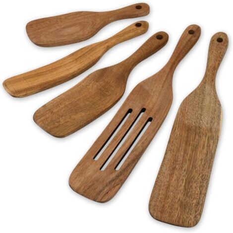 Lot de 5 Spatules en Bois de Teck, Antiadhésives, Résistantes à la Chaleur, Ustensiles de Cuisine pour Poêles Antiadhésives, Cadeau (1/5)