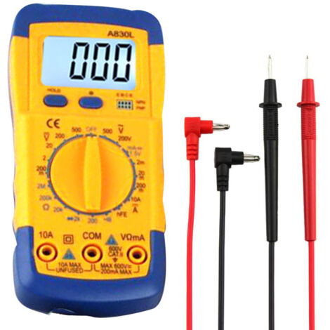 Multimètre numérique portable A830L avec rétroéclairage, ampèremètre, voltmètre et testeur de courant.