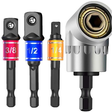 Ensemble de 3 douilles et adaptateurs pour outils à main électriques à percussion : embouts de vissage à queue hexagonale de 1/4, 3/8 et 1/2 pouce + rallonge de vissage à angle droit de 105° avec acce (1/5)