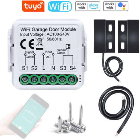 Télécommande Tuya WiFi pour porte de garage, compatible avec Google Home et commande vocale, contrôlable à distance via application mobile et via smartphone.