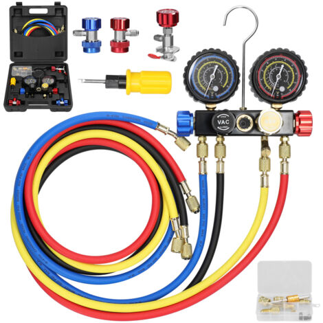 Kit de manomètres pour le chargement de réfrigérant de climatisation : manomètre à double valeur 4 voies avec tuyau de 1,5 m et raccords rapides en laiton pour réfrigérants R22/R134a/R410a.