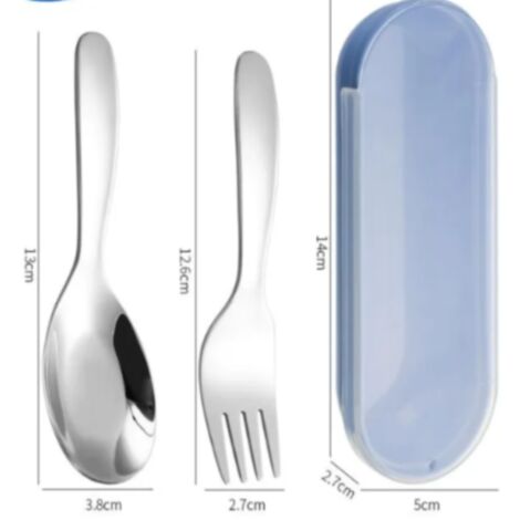 Service de table portable 2 pièces bleu, cuillère fourchette acier inoxydable, étui 14x5x2,7 cm