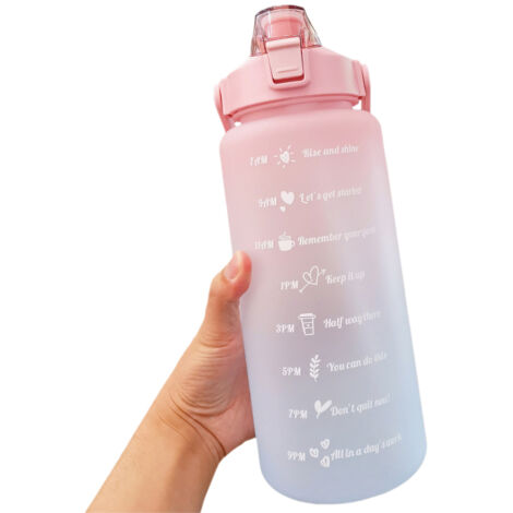 Gourde de 2 L avec marqueur et paille, grande capacité, avec poignée, réutilisable et étanche, idéale pour la randonnée, les voyages, les sports de plein air, la salle de sport et le fitness.