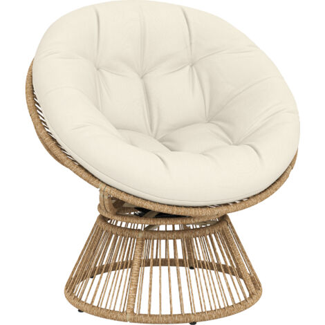 Fauteuil pivotant Papasan 360° en rotin avec coussin, structure en acier, fauteuil lounge rond en rotin, blanc crème (1/5)