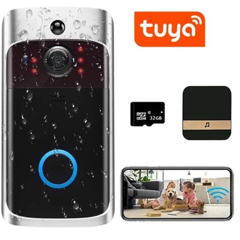 Tuya Smart WiFi sonnette sans fil caméra de sécurité étanche anneau vidéo maison porte cloche Vision nocturne détection de mouvement (noir)