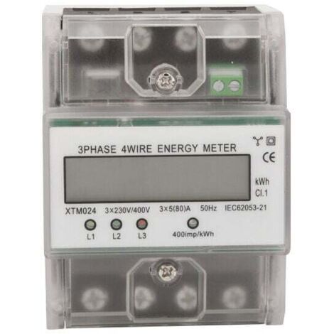 Compteur d'energie triphase a 4 fils 220/380V 5-80A Consommation d'energie kWh Compteur Installation sur rail DIN Compteur electrique numerique avec ecran LCD retro-eclaire, modele: Transparent (1/5)