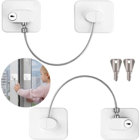 2 PCS Securite Fenetre Enfant, Entrebailleur Fenetre PVC Sans Percer Serrure Forte Adhsive Cable Bloc Fenetre Avec Cl, pour Rfrigrateur Portes et Tiroirs Fentres Securite Enfant