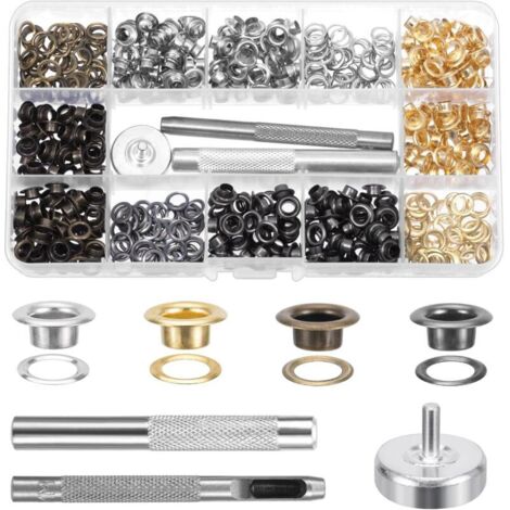 400PCS oeillet couture - Quatre couleurs, œillets en cuivre de 5 mm, incluant l'outil de perforation, l'outil d'installation, le socle, Adapté pour les chaussures, les sacs en cuir, etc