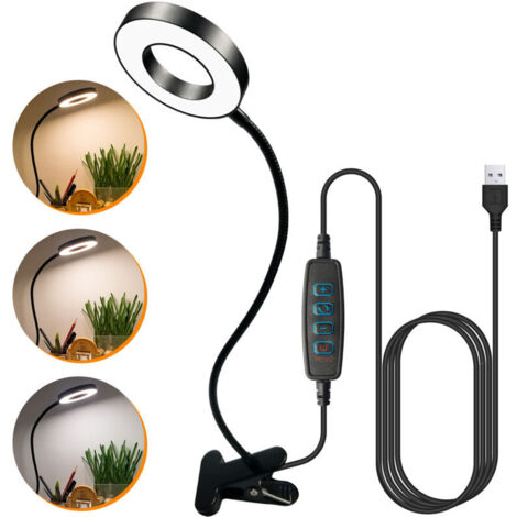 LED Lampe De Bureau à Pince, USB Alimenté Flexible Lampe De Lecture à Pince Pliable Réglable Lumière Douce Protection Des Yeux Avec 3 Modes d’Éclairage &10 Niveaux De Luminosité, 7 Watt (Noir)
