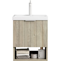 Support mural de 42 cm pour lavabo de salle de bain avec lavabo en céramique rectangulaire blanc, armoire rayée avec double portes et étagère ouverte, couleur veinure bois chêne crème