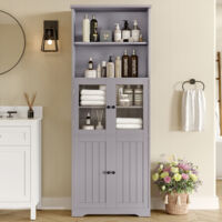 57,4 x 28,5 x 160 cm Armoire de salle de bain haute avec rangement, peinture complète, porte d'armoire en verre, porte d'armoire en bois, deux étagères ouvertes, séparations réglables, texture simple