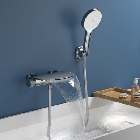 Mitigeur de Baignoire Cascade Extra-Large en Laiton avec Douchette 3+1 Modes et Étagère, Robinet Mural Chromé Grand Débit