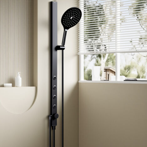 Colonne de Douche Hydromassante Noir Sans Mitigeur, Système Douche avec 4 Jets Lombaires, Douchette 2-en-1, Réglable en Hauteur, en Acier Inox