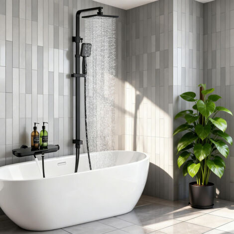 Colonne de Douche Noir en Inox pour Baignoire, Ensemble mitigeur de douche avec étagère intégrée, Hauteur Réglable Sans Percement Supplémentaire