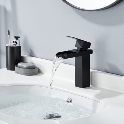 Mitigeur de lavabo Cascade Robinet de Salle Bain Noir Robinet Lavabo en Laiton Robinetterie Chaude et Froide Réglable Design Elégant (1/5)
