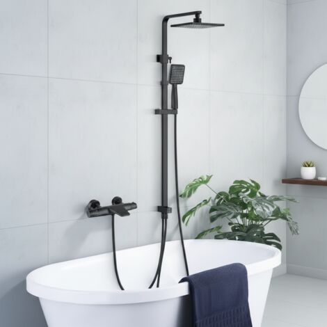 Colonne de Douche Noir avec Robinet de Baignoire Thermostatique Cascade, Ensemble de Douche en Laiton, Hauteur Réglable 900-1200mm