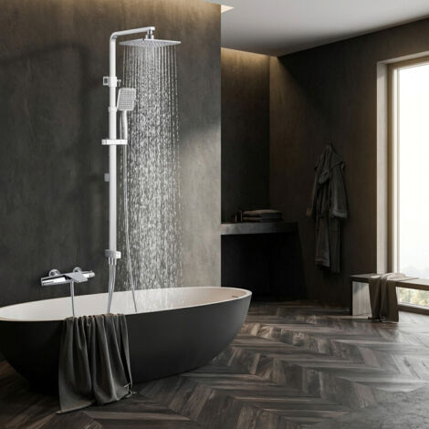 Colonne de Douche Chromé avec Mitigeur Thermostatique Cascade, Ensemble de Doche pour Baignoire, Set de Douche Hauteur Réglable Corps en Laiton