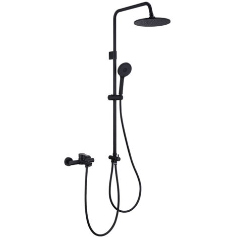 Colonne de Douche Baignoire Noir Inox avec Mitigeur Mural, Set de Douche avec Douchette 4 Jets, Hauteur Réglable Sans Perçage Supplémentaire