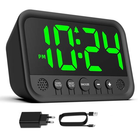 Digitaler Wecker mit grüner LED-Anzeige fürs Schlafzimmer, lauter Wecker für Tiefschläfer, netzbetriebener Wecker (Adapter im Lieferumfang enthalten) mit einstellbarer Lautstärke, Helligkeit, Schlumme