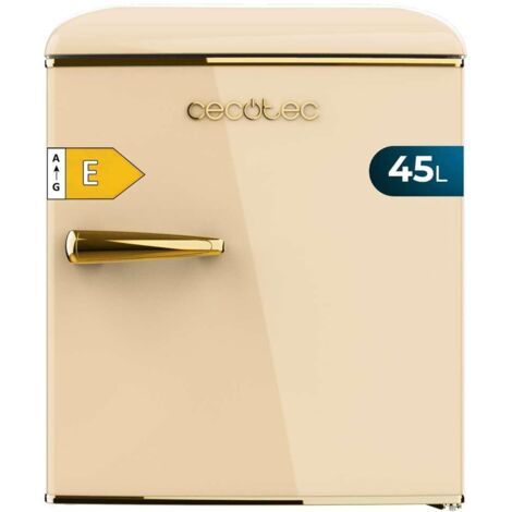 Beiger Mini-Tischkühlschrank im Retro-Stil, 55 cm hoch und 44,7 cm breit mit 45 L Fassungsvermögen, Energieklasse E, Icebox und goldenem Chromgriff.