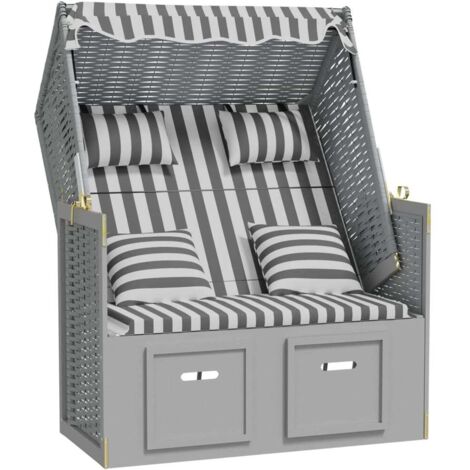 Strandkorb mit Kissen Poly Rattan und Massivholz Grau & Weiß vidaXL