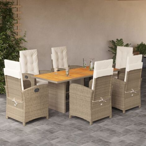 vidaXL Garten-Essgruppen-Set mit Kissen 7 Teile Beige Poly Rattan