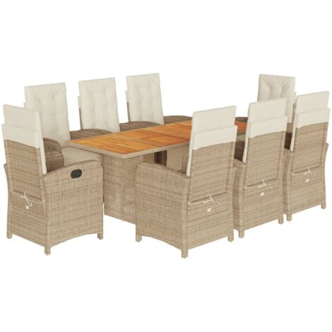 Gartenmöbelset mit Kissen 9 Teile beige Poly Rattan