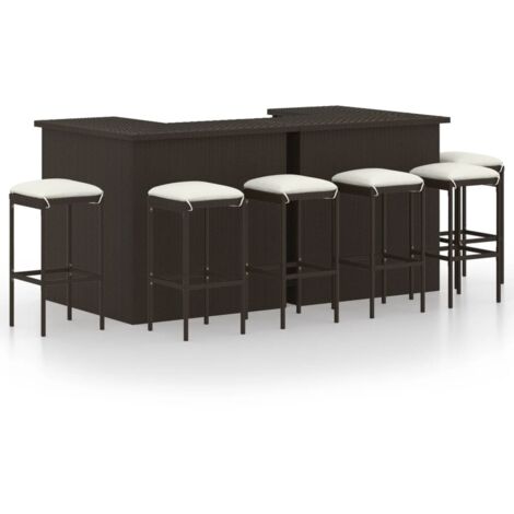 Gartenbar-Möbelset 8 teilig mit Kissen Rattan Braun