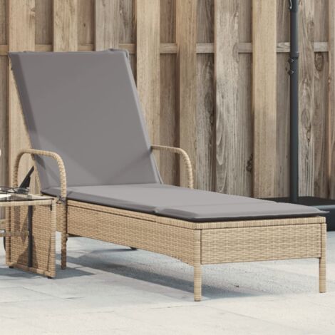 vidaXL Sun Lounger with Wheels and Cushion Beige Poly Rattan