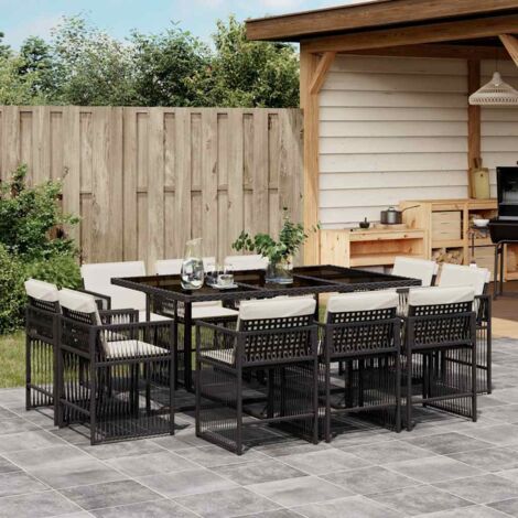 Garten Essgruppe 11-teilig mit Kissen in Schwarz aus Geflecht