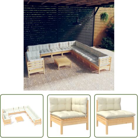 The Living Store 12-tlg. Garten-Lounge-Set mit Creme Kissen Massivholz Kiefer - Garten Lounge Set - Kiefernholzmöbel - Outdoor Möbel - Gartengeräte - Loungemöbel (1/5)