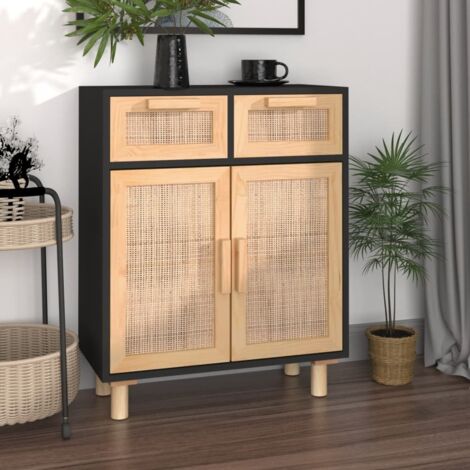 vidaXL Buffet Schwarz 60x30x75 cm Aus massivem Kiefernholz und natürlichem Rattan