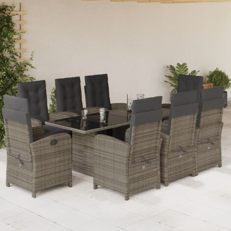 9-teiliges Garten-Essset mit grauen Polstern aus geflochtener Rattan